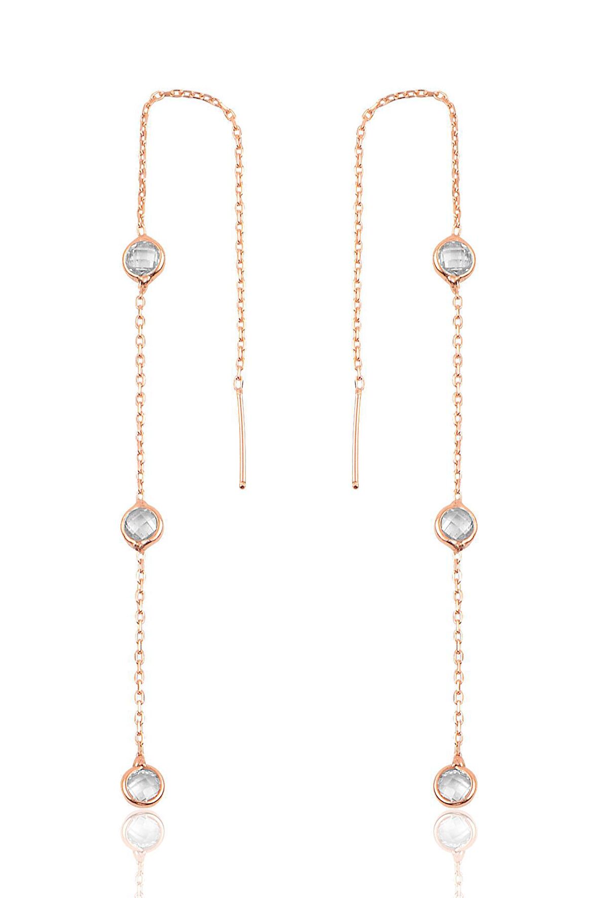 Gümüş 3 taşlı zincirli küpe