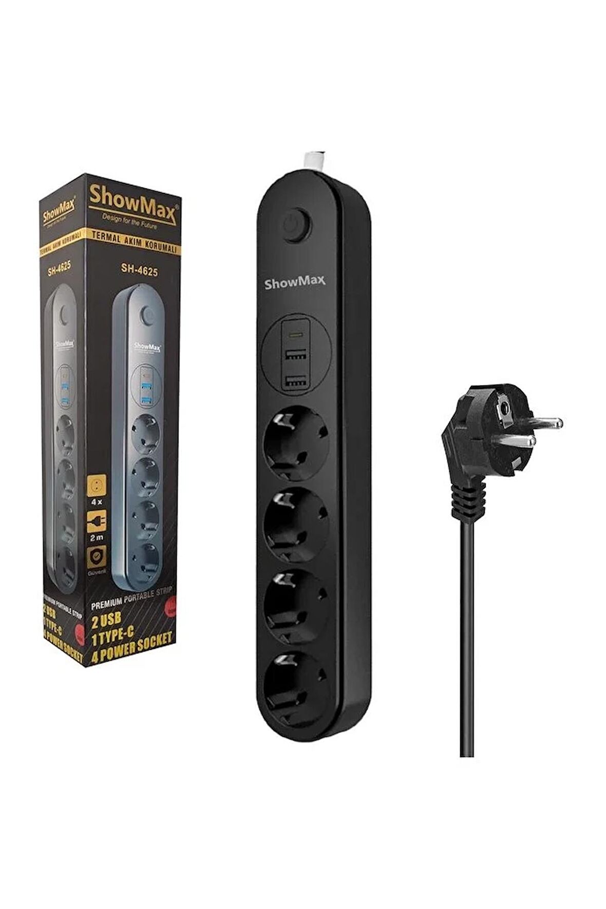 SH-4625 4Lü Akım Korumalı Priz 2 Metre Anahtarlı 10A 2500 Watt 2XUSB 1XType-c
