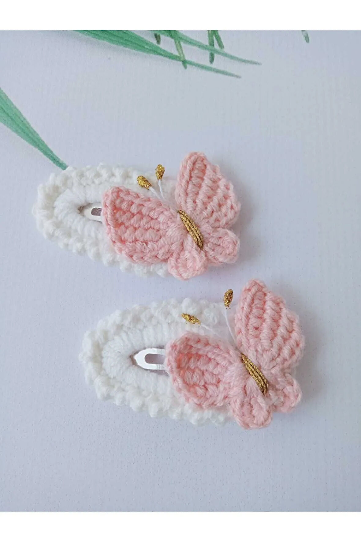 Pembe Kelebek Trend Saç Aksesuarı Örgü Handmade 2'li Çıt Çıt Toka