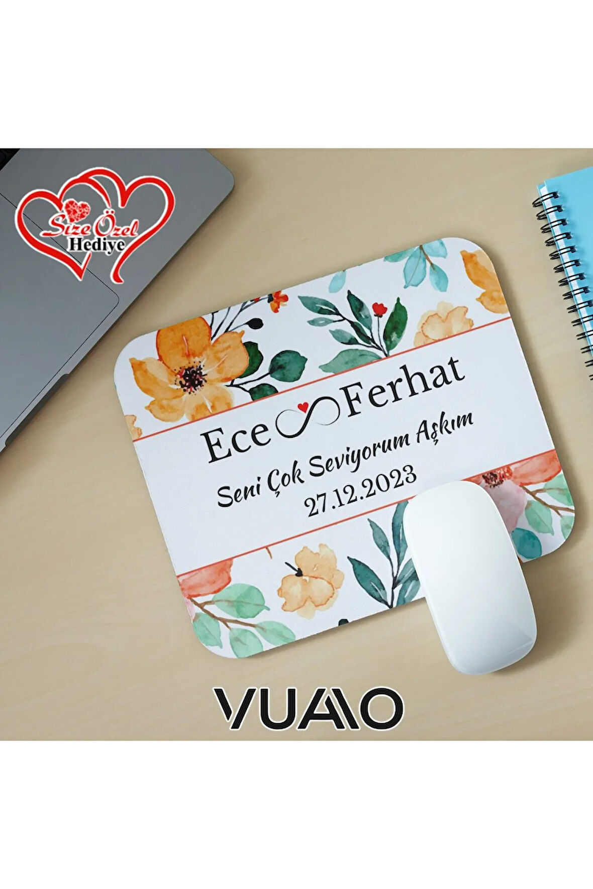 Kişiye Özel İsimli ve Tarihli Desenli Mouse Pad 21x17 cm, Kaymaz Taban - Baskılı Mousepad
