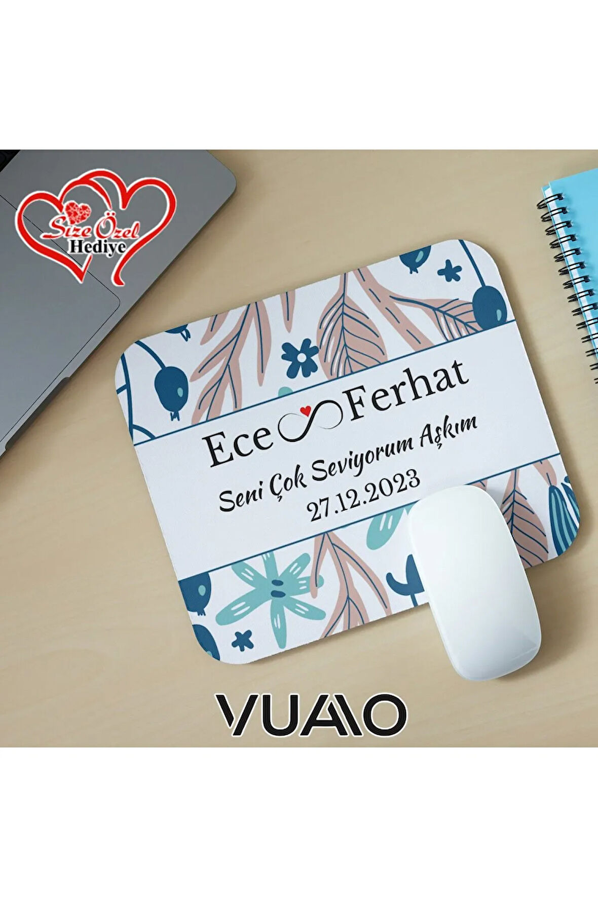 Kişiye Özel İsimli ve Tarihli Desenli Mouse Pad 21x17 cm, Kaymaz Taban - Baskılı Mousepad