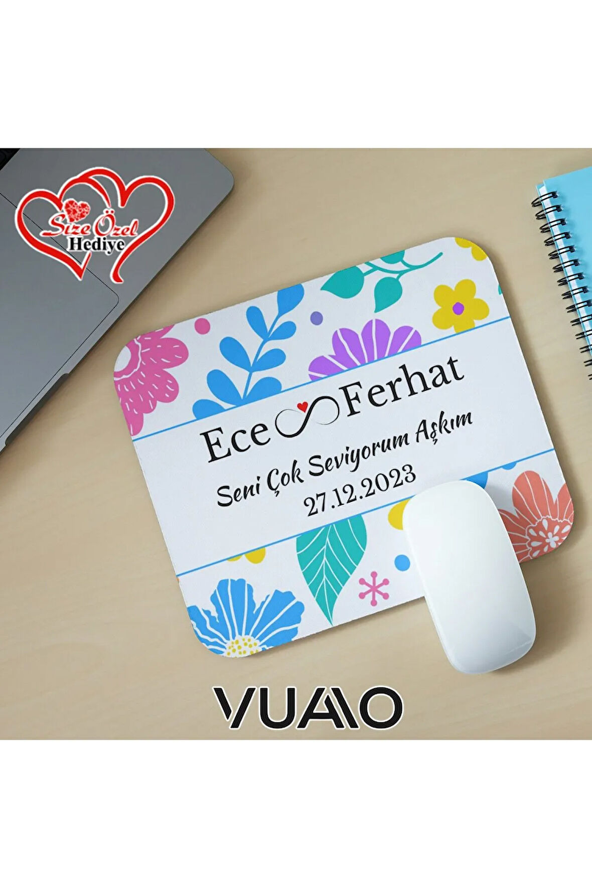 Kişiye Özel İsimli ve Tarihli Desenli Mouse Pad 21x17 cm, Kaymaz Taban - Baskılı Mousepad