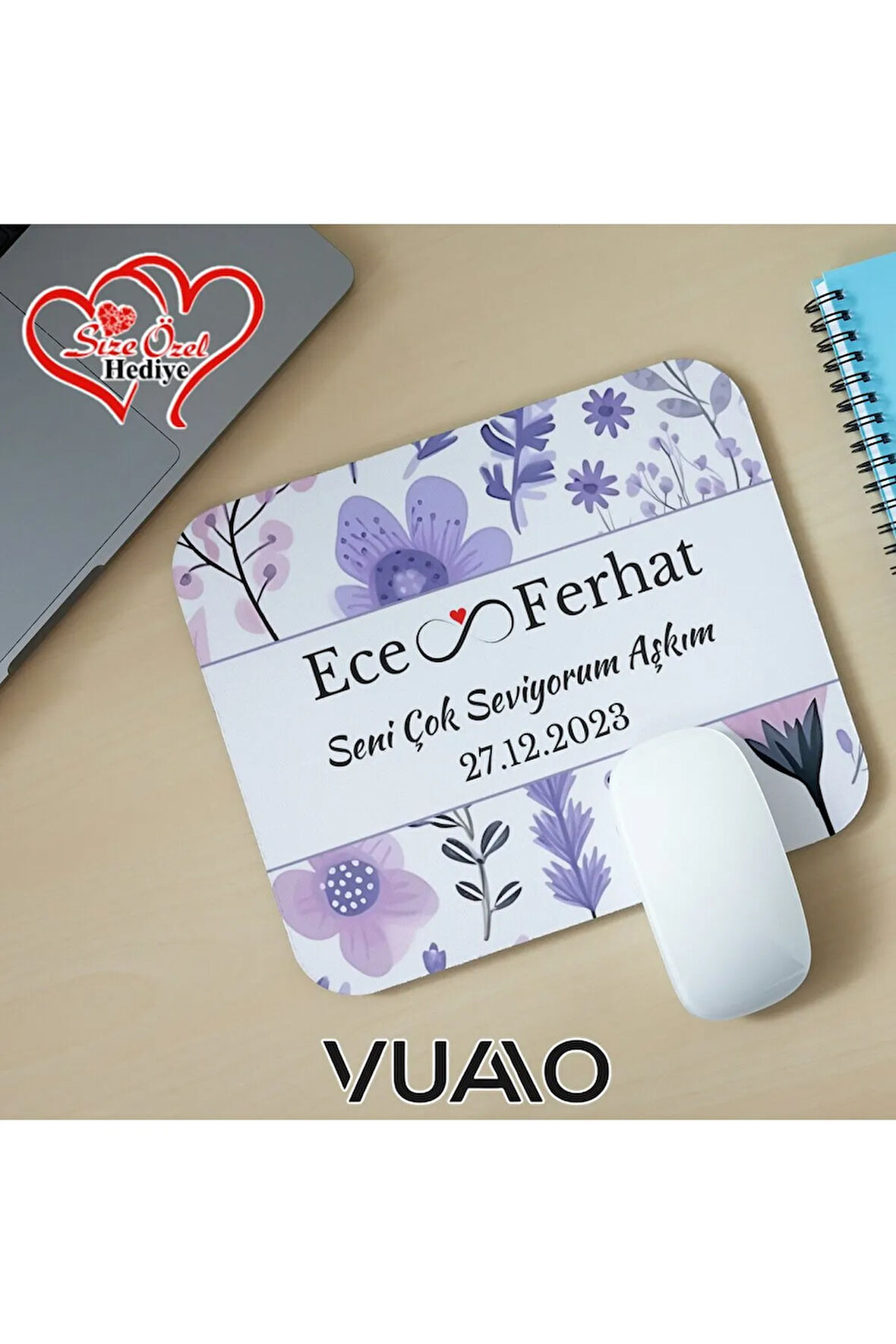 Kişiye Özel İsimli ve Tarihli Desenli Mouse Pad 21x17 cm, Kaymaz Taban - Baskılı Mousepad