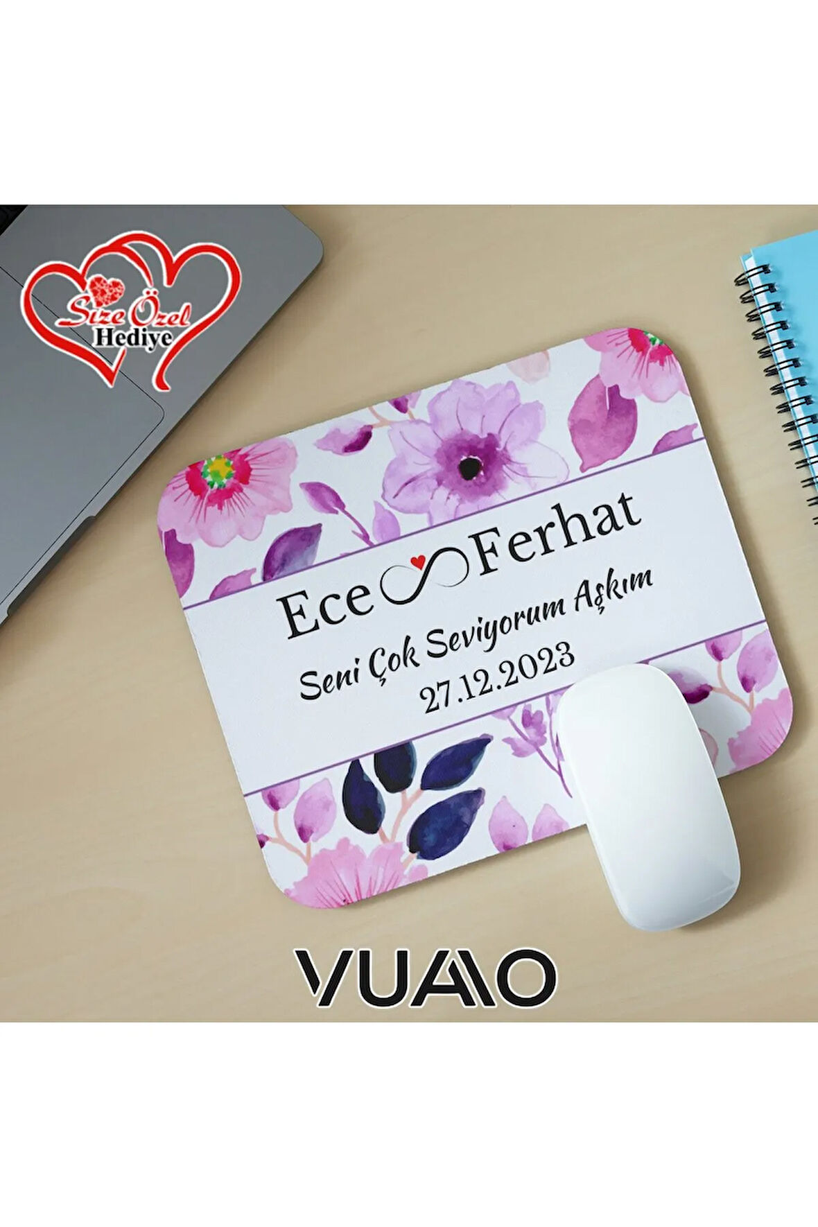 Kişiye Özel İsimli ve Tarihli Desenli Mouse Pad 21x17 cm, Kaymaz Taban - Baskılı Mousepad