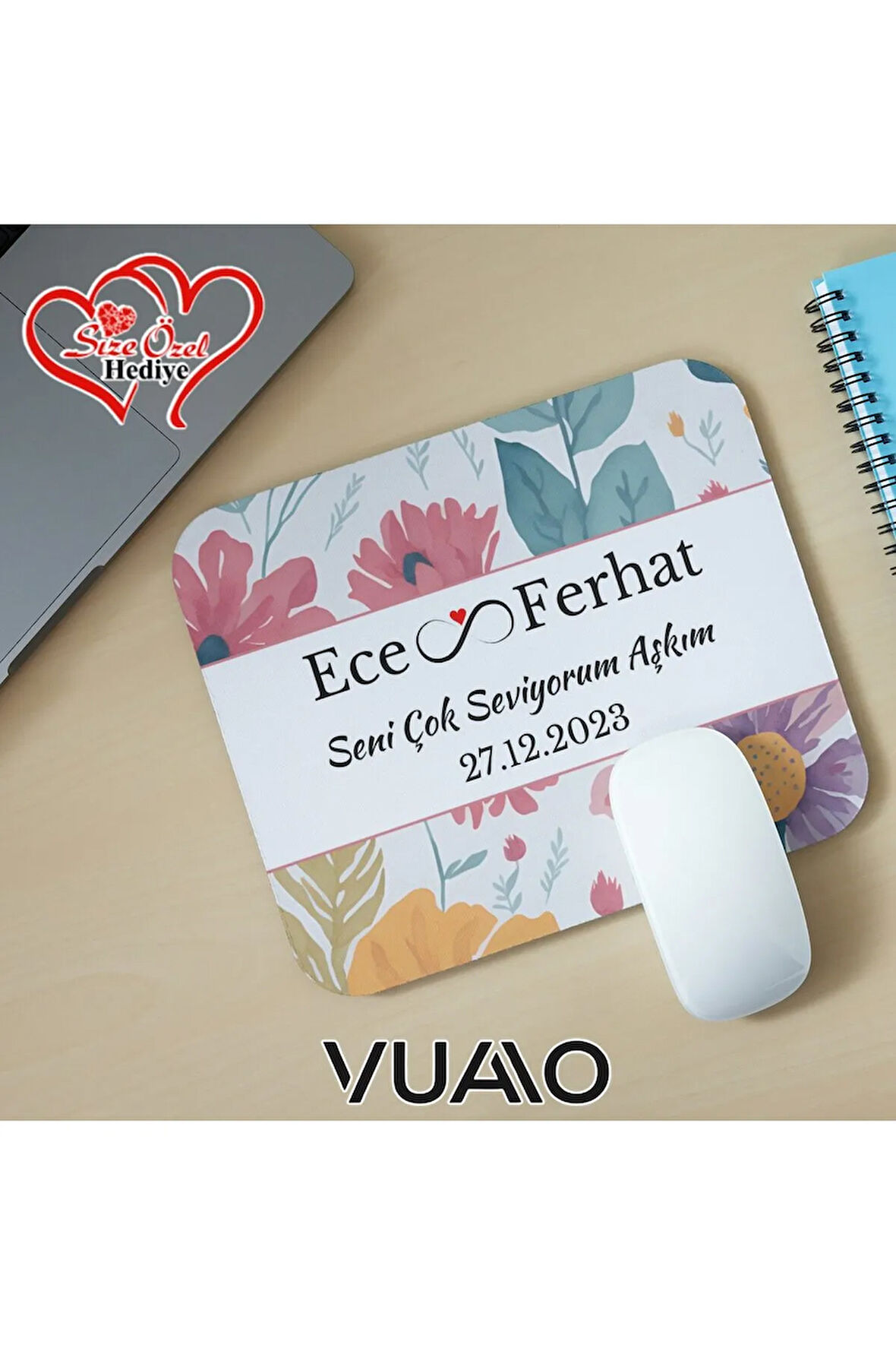 Kişiye Özel İsimli ve Tarihli Desenli Mouse Pad 21x17 cm, Kaymaz Taban - Baskılı Mousepad