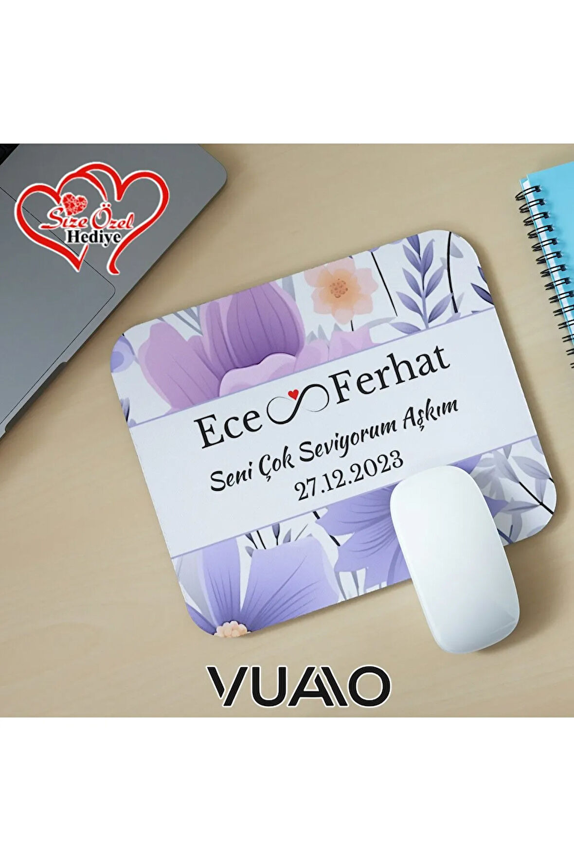 Kişiye Özel İsimli ve Tarihli Desenli Mouse Pad 21x17 cm, Kaymaz Taban - Baskılı Mousepad