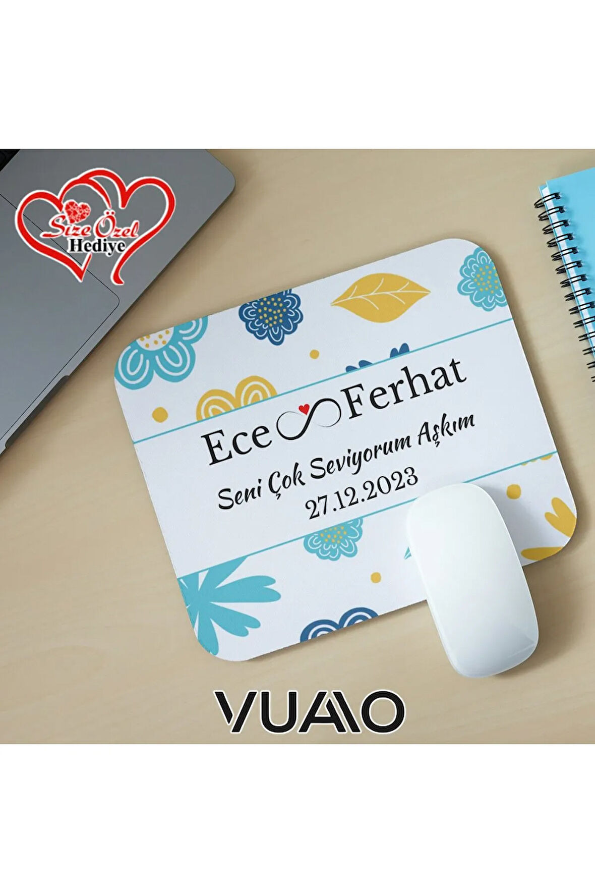 Kişiye Özel İsimli ve Tarihli Desenli Mouse Pad 21x17 cm, Kaymaz Taban - Baskılı Mousepad