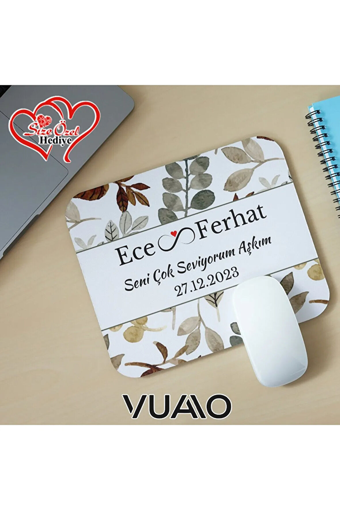 Kişiye Özel İsimli ve Tarihli Desenli Mouse Pad 21x17 cm, Kaymaz Taban - Baskılı Mousepad