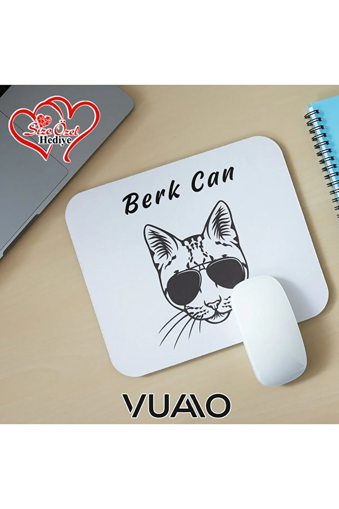 Kişiye Özel İsimli ve Kedi Temalı Mouse Pad 21x17 cm, Kaymaz Taban - Baskılı Mousepad