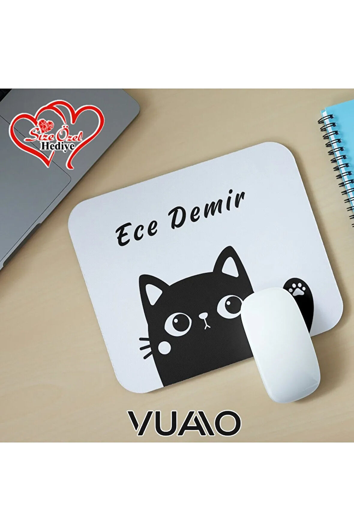 Kişiye Özel İsimli ve Kedi Temalı Mouse Pad 21x17 cm, Kaymaz Taban - Baskılı Mousepad