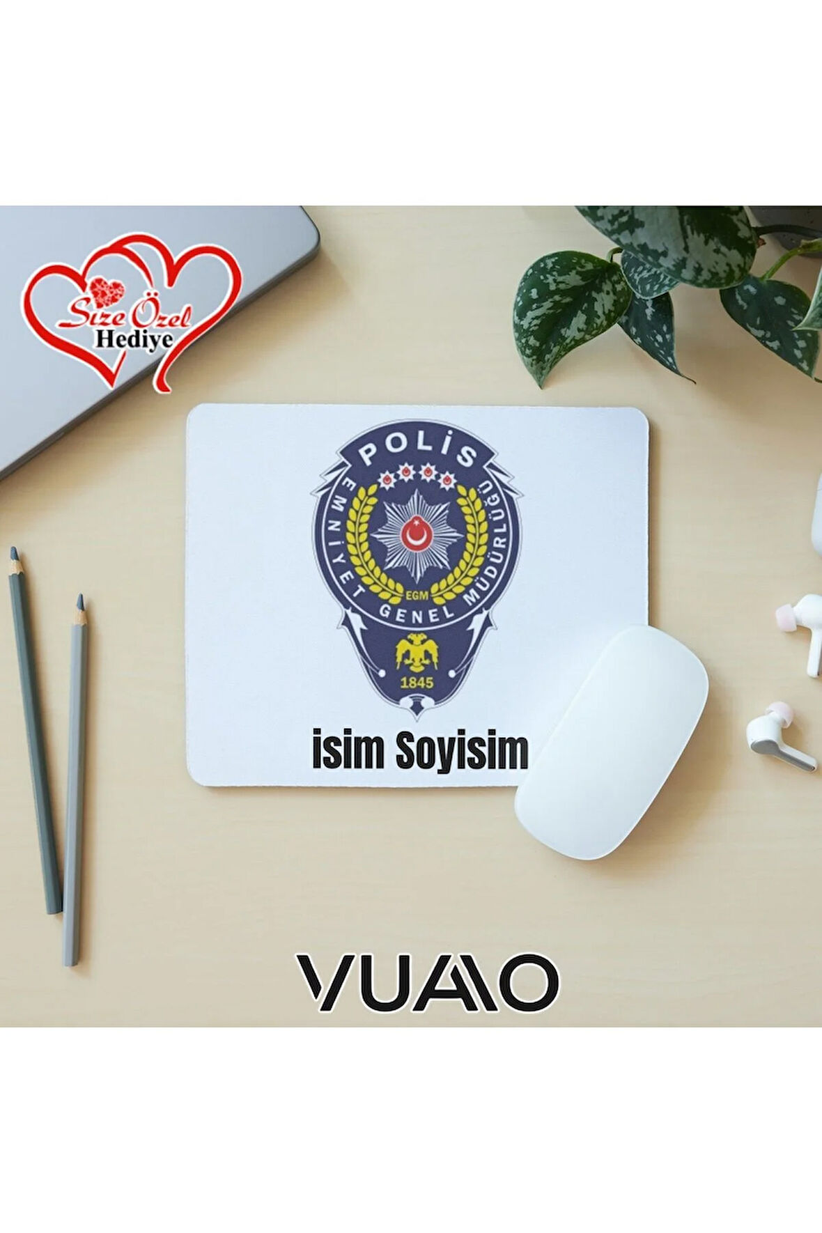 Kişiye Özel İsimli ve Polis Amblemi Mouse Pad 21x17 cm, Kaymaz Taban - Baskılı Mousepad