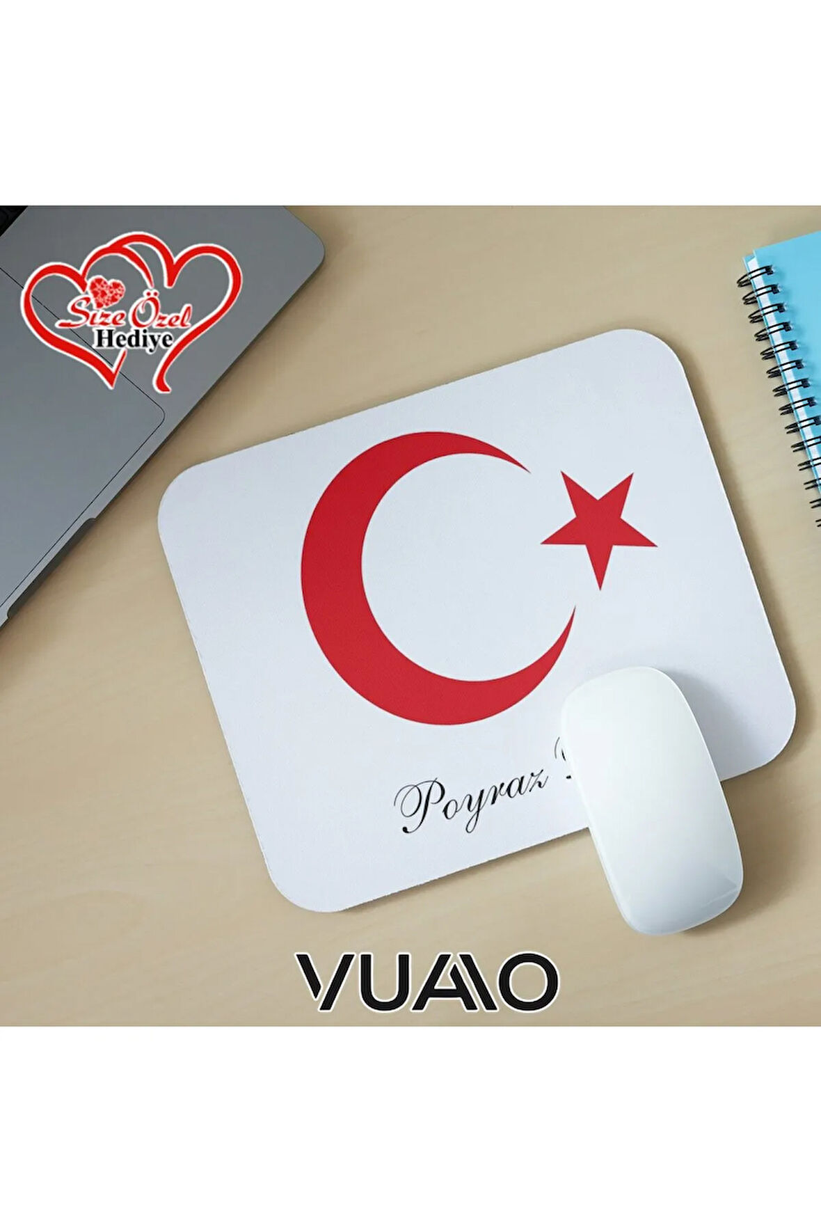 Kişiye Özel İsimli ve Türk Bayraklı Mouse Pad 21x17 cm, Kaymaz Taban - Baskılı Mousepad