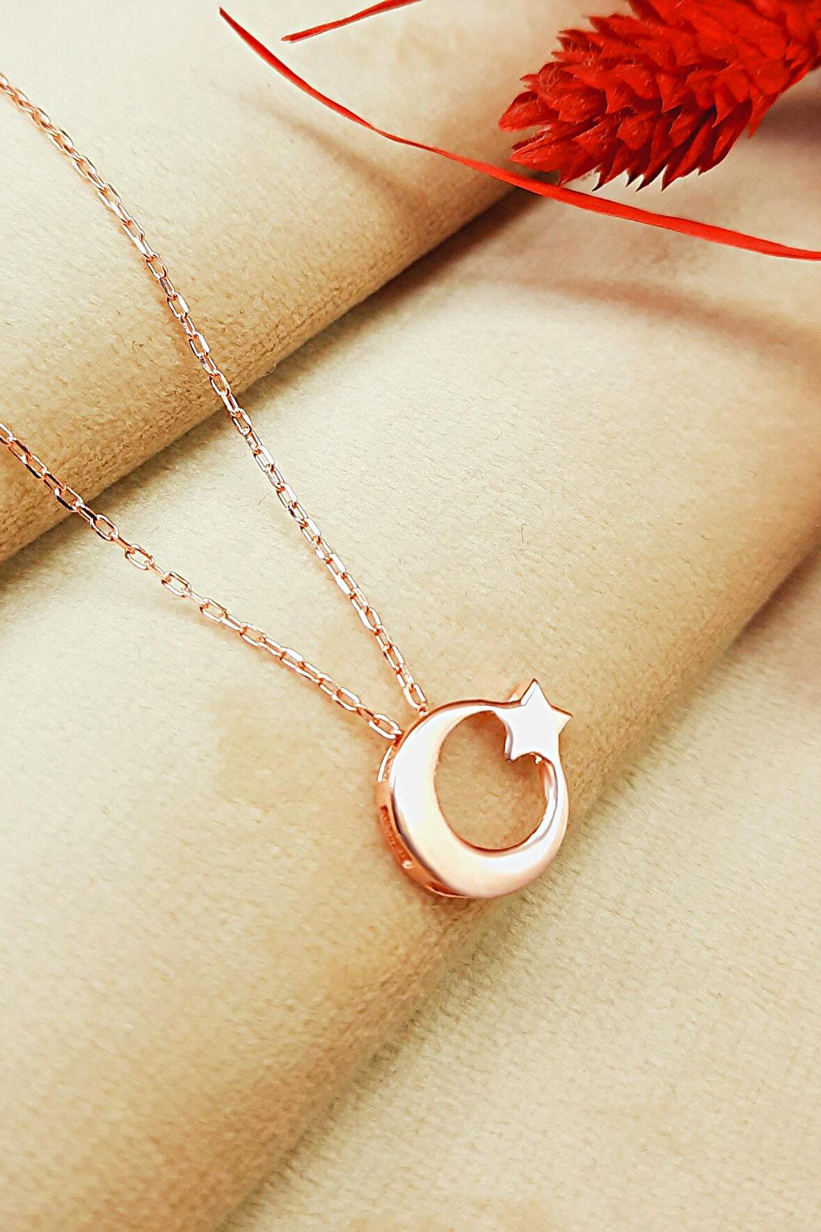925 Ayar Gümüş Zirkon Taşlı Rose Kaplama Ayyıldız Kolye