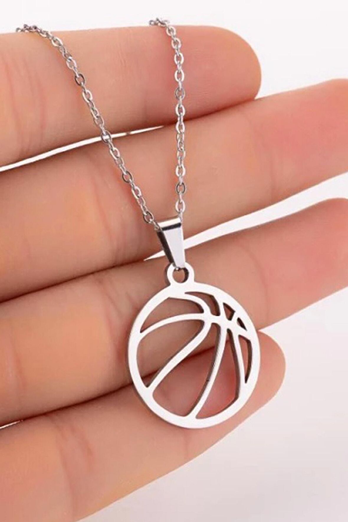 925 Ayar Gümüş Basketbol Topu Kolye 45 Cm Zincir