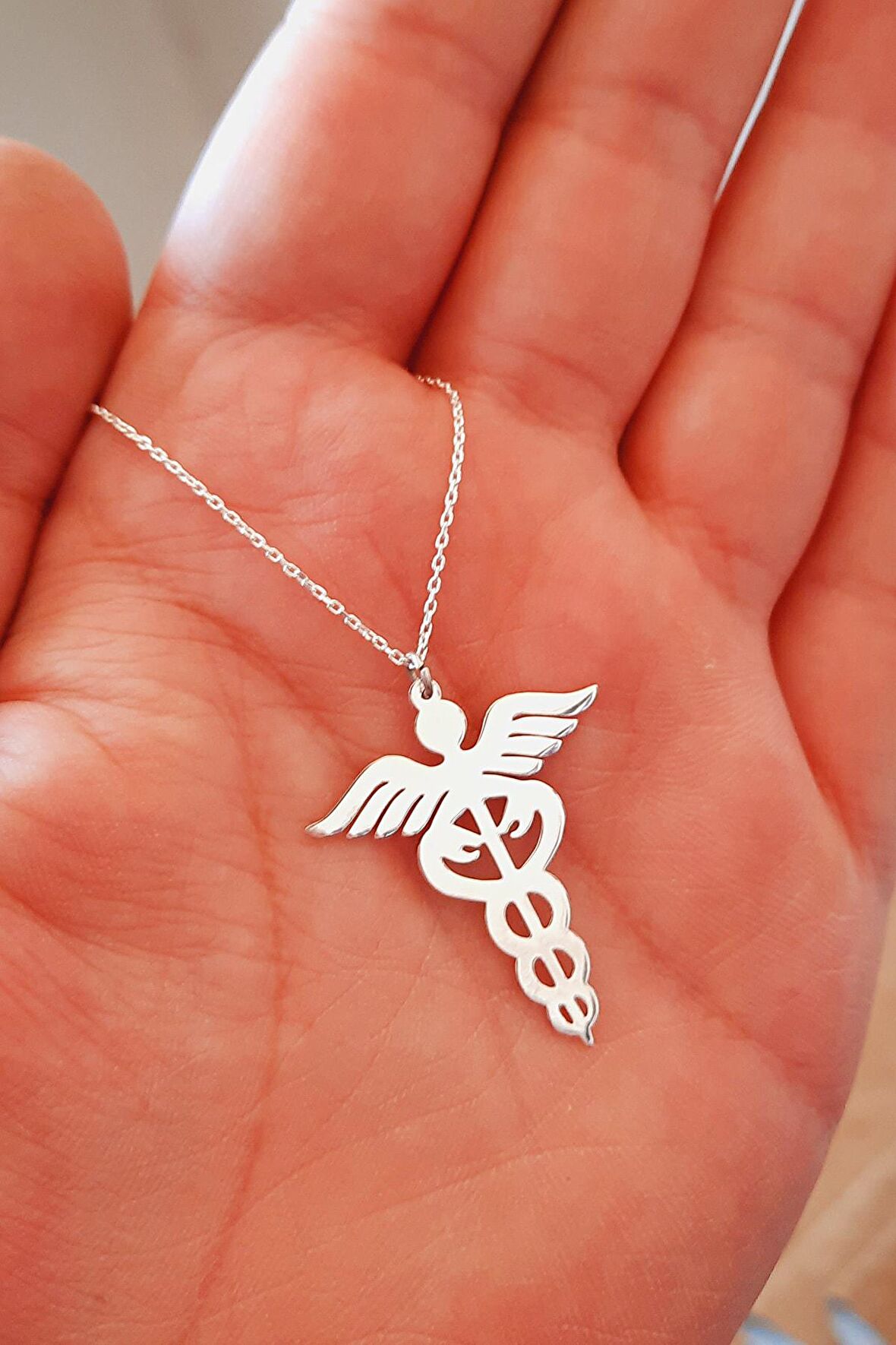 925 Ayar Gümüş Hermes Caduceus Tıp Sağlık Sembolü Kolye