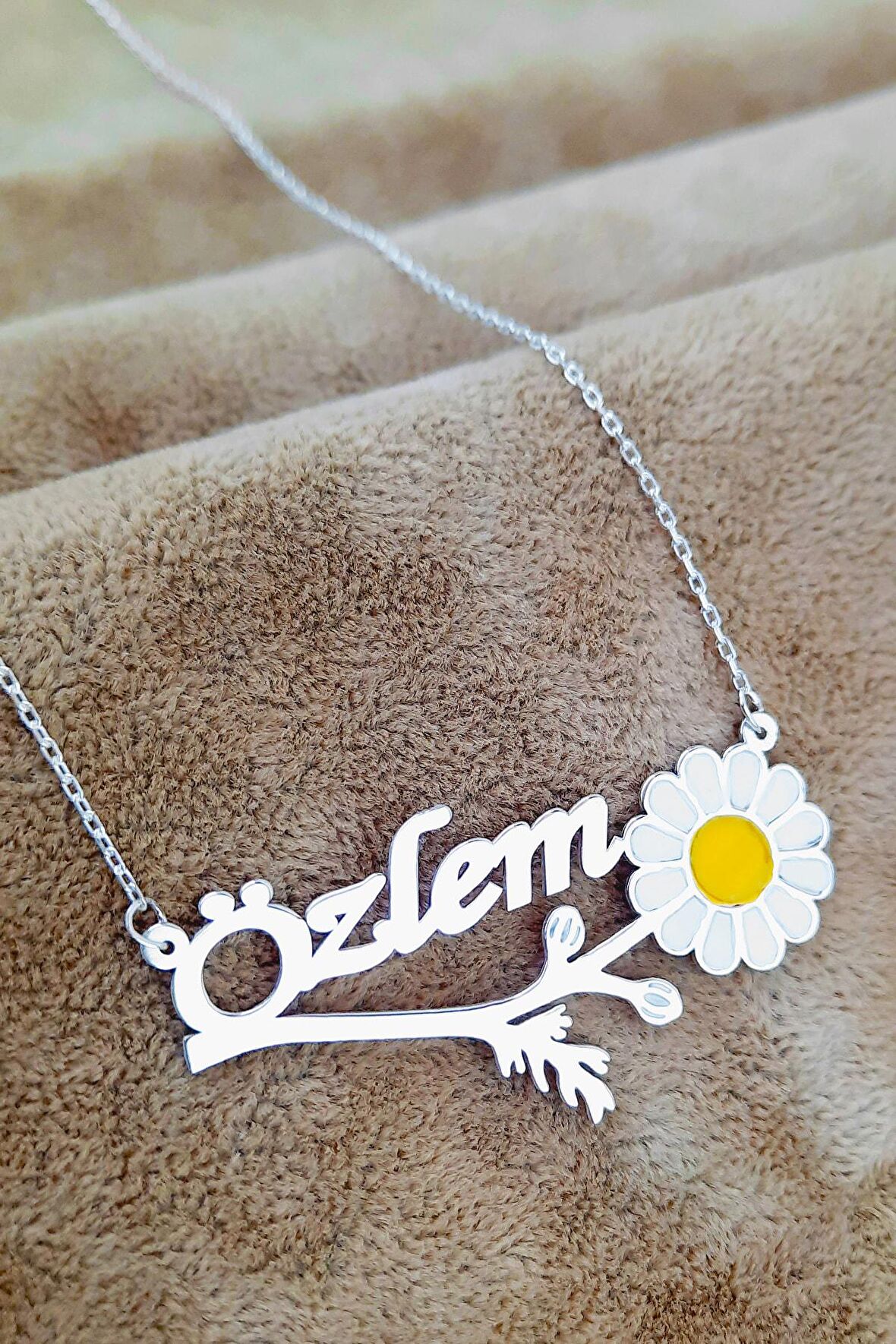 925 Ayar Gümüş Isim Papatya Motifli Kolye Rose Gold Silver