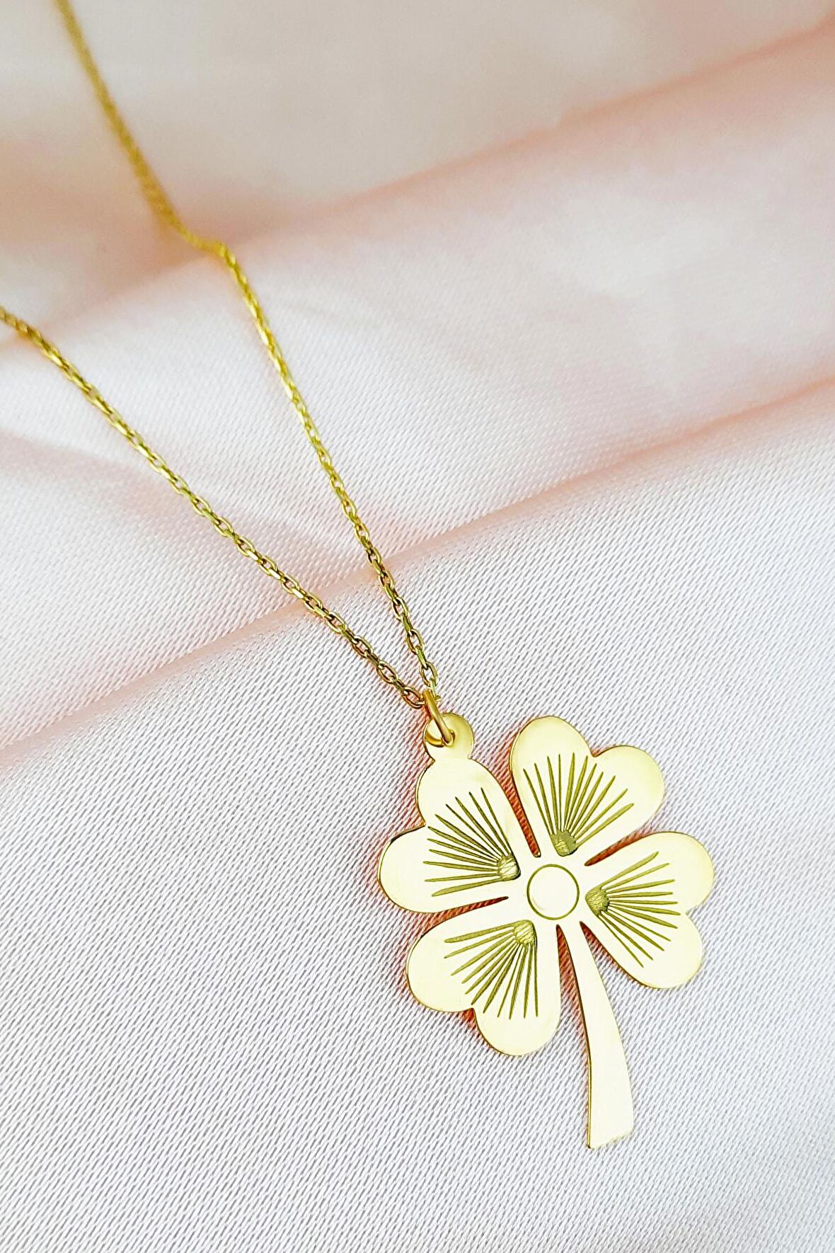 925 Ayar Gümüş Gold Kaplama Yonca Model Kolye 45-55 Cm Zincir