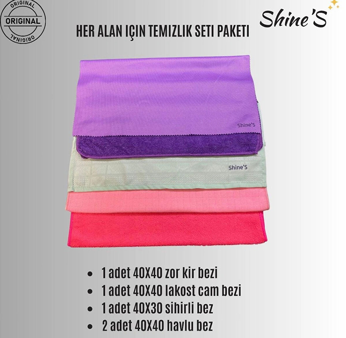 Shine'S Lux Temizlik paketi cam bezi, mutfak bezi, WC, Banyo, mikrofiber bez 5'li karma paket