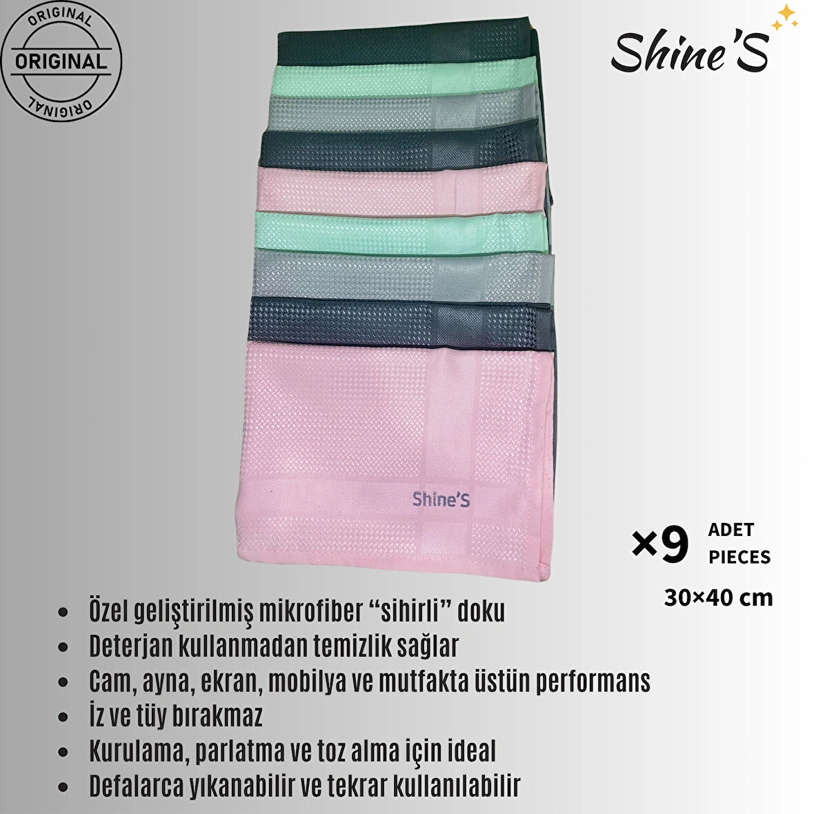 Shine's 9'lu Renkli Mikrofiber Temizlik Bezi, Banyo, Mutfak, WC, Cam, Araba Ve Tüm Yüzeyler  karma renk 