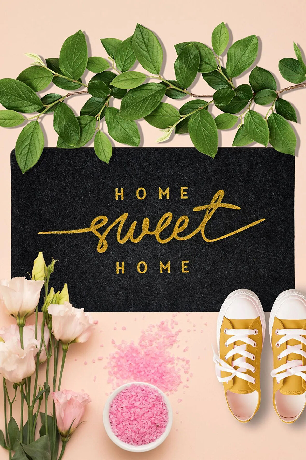 Şık Home Sweet Home Kauçuk Tabanlı Kapı Önü Paspası