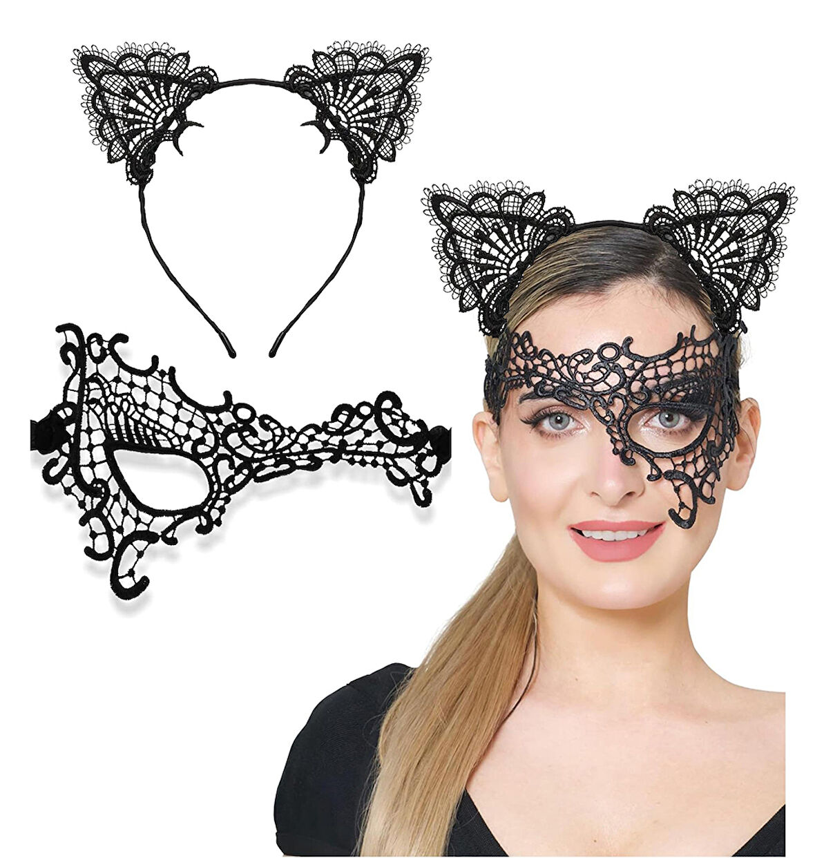 Siyah Dantel Maske Ve Kulak Seti 13