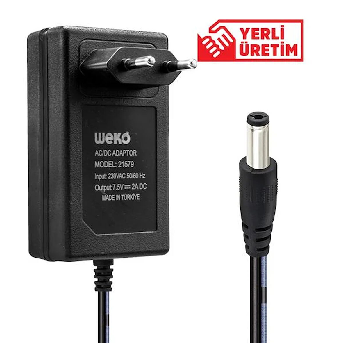 7.5 VOLT - 2 AMPER 5.5*2.5 UÇLU YERLİ ÜRETİM PRİZ TİPİ ADAPTÖR