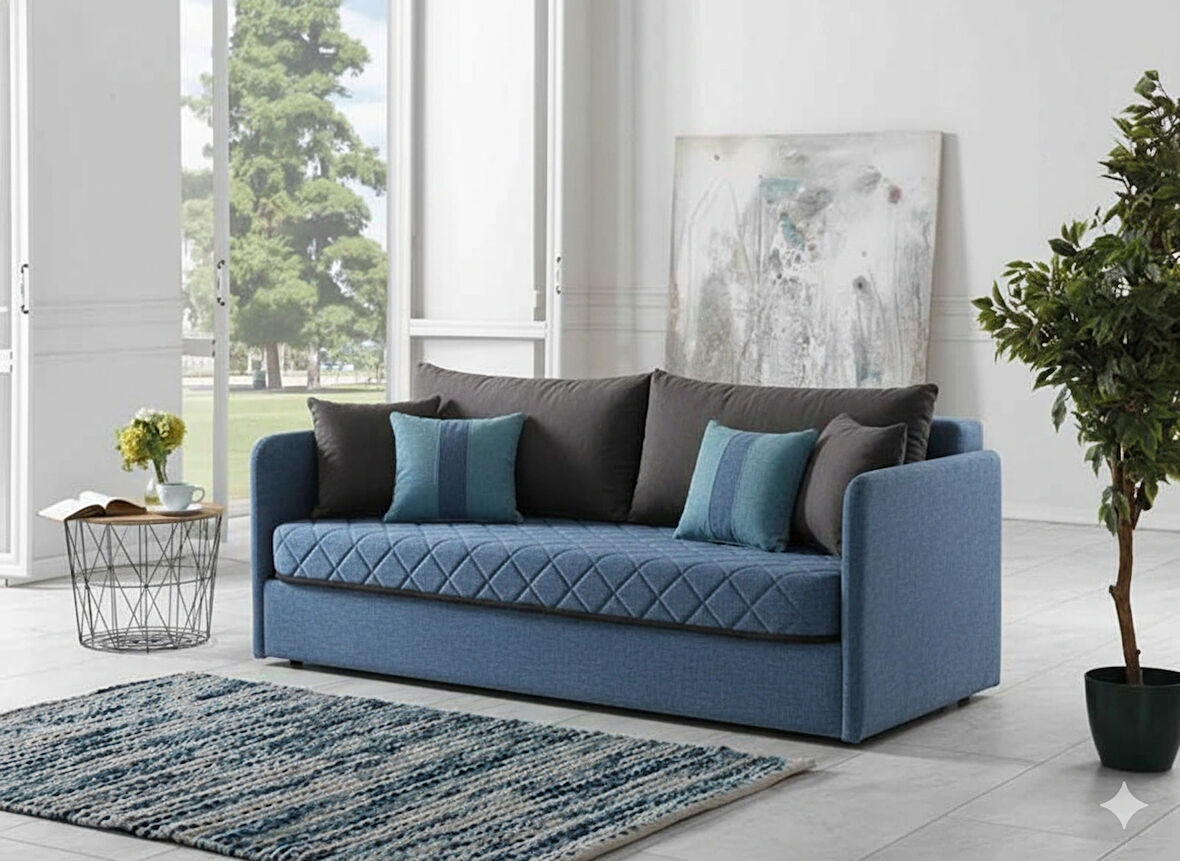 Siesta Fonksiyonel Kanepe Koltuk Metal Bazalı Yataklı Süngerli Mavi Plastik Ayaklı