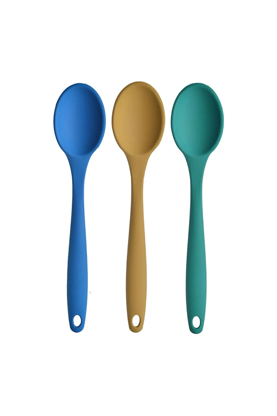 Büyük Boy Yanmaz Silikon Kaşık Seti 3 Parça - Kaşık 3'lü Set Silikon Mavi Sarı Yeşil