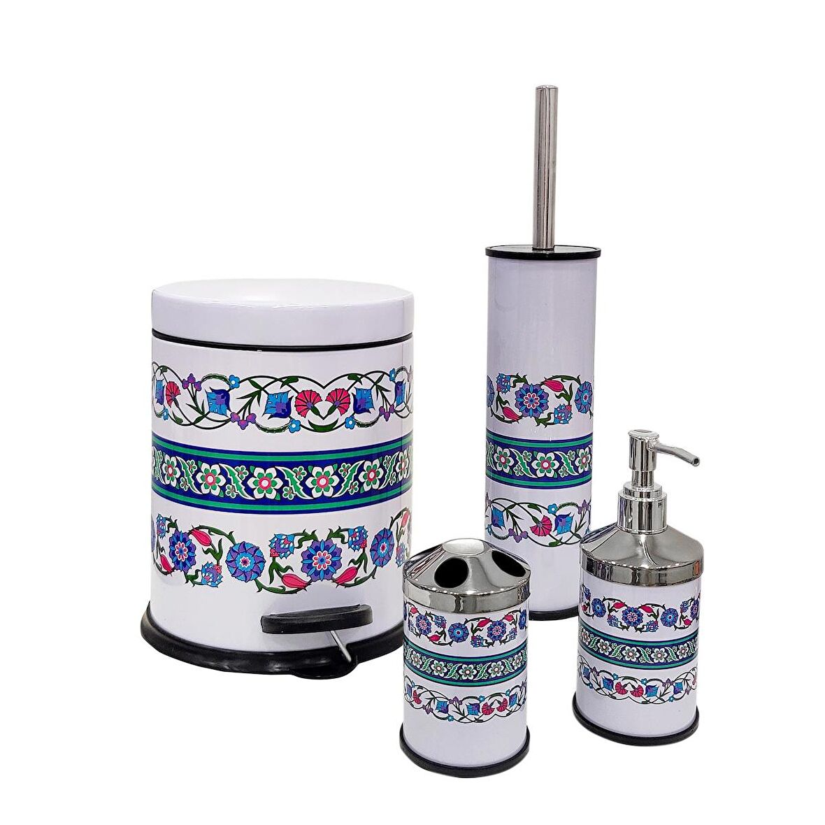 SİLİWAX RUMİ DESEN-4 Lü Set Pedallı  Yavaş kapanır Çöp Kovası Wc Klozet Fırça Sabunluk Diş Fırçalık Seti