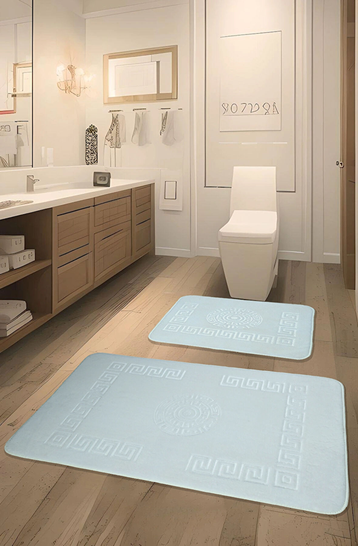 Simav Deluxe Kaymaz Taban, Emici 2'li Lüks Baskılı Banyo Paspası Beyaz