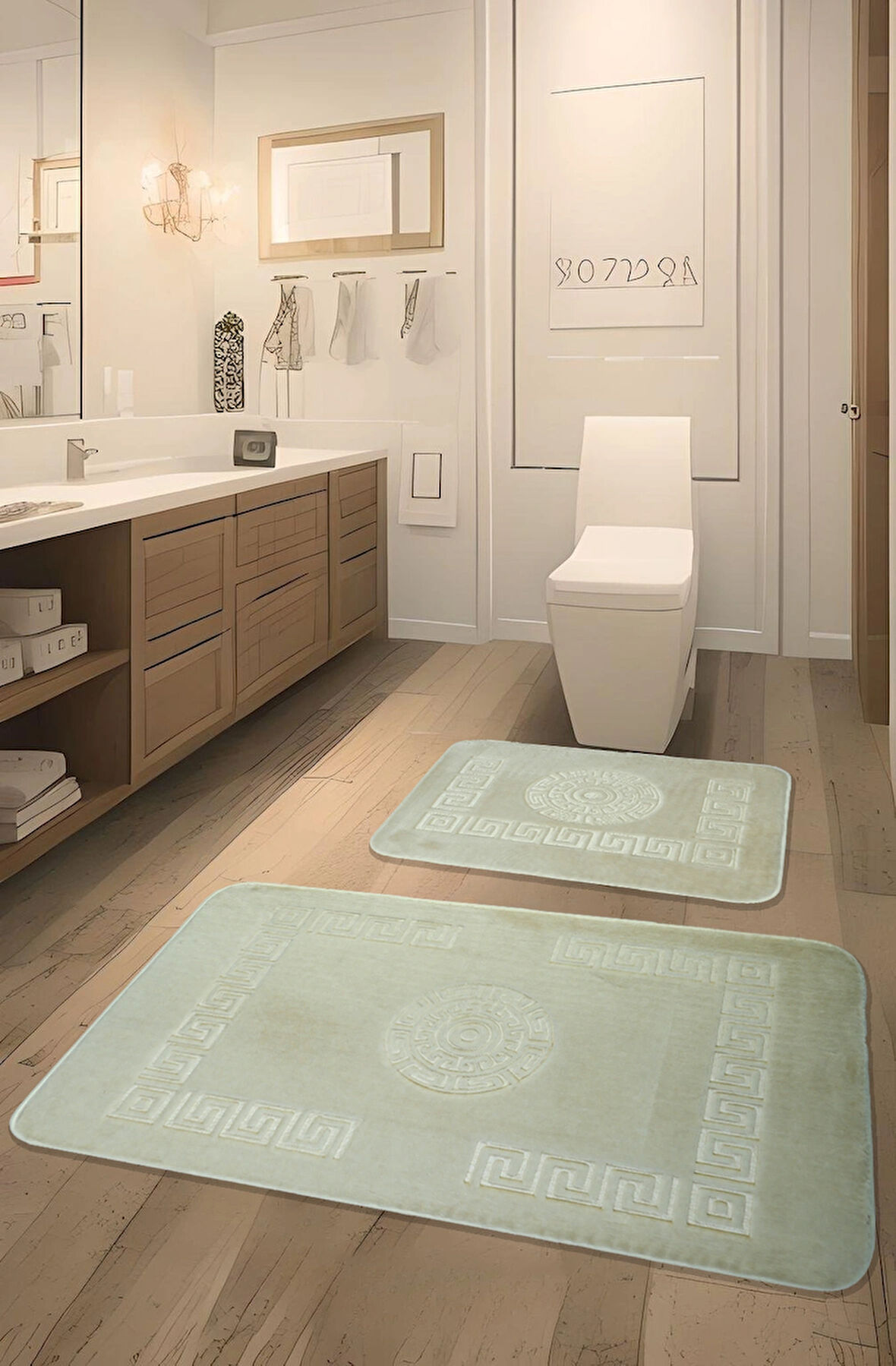 Simav Deluxe Kaymaz Taban, Emici 2'li Lüks Baskılı Banyo Paspası Krem