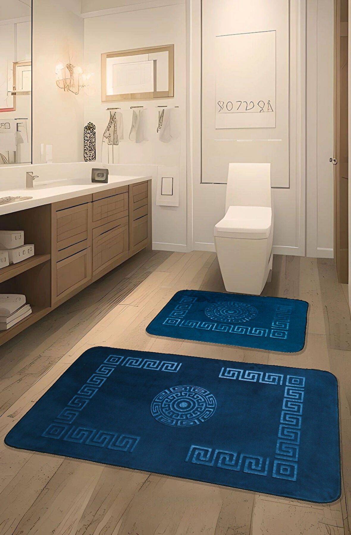 Simav Deluxe Kaymaz Taban, Emici 2'li Lüks Baskılı Banyo Paspası Mavi