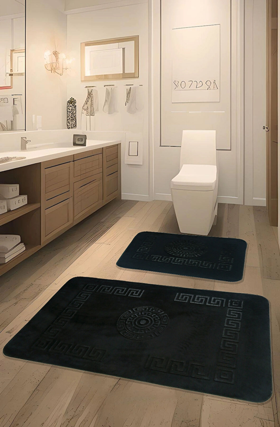 Simav Deluxe Kaymaz Taban, Emici 2'li Lüks Baskılı Banyo Paspası Siyah