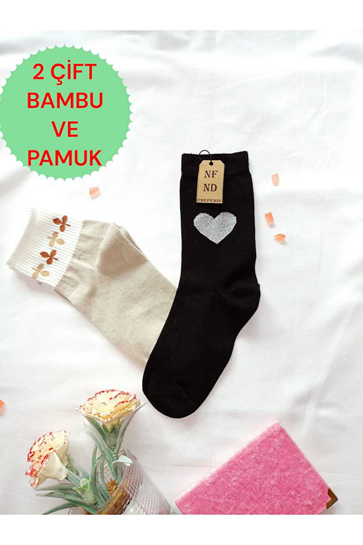 2 ÇİFT DİKİŞSİZ SOKET ÇORABI YUMUŞAK KADIN SİYAH(BAMBU SİMLİ KALPLİ) KREM(PAMUK) ÇORAP 36-40