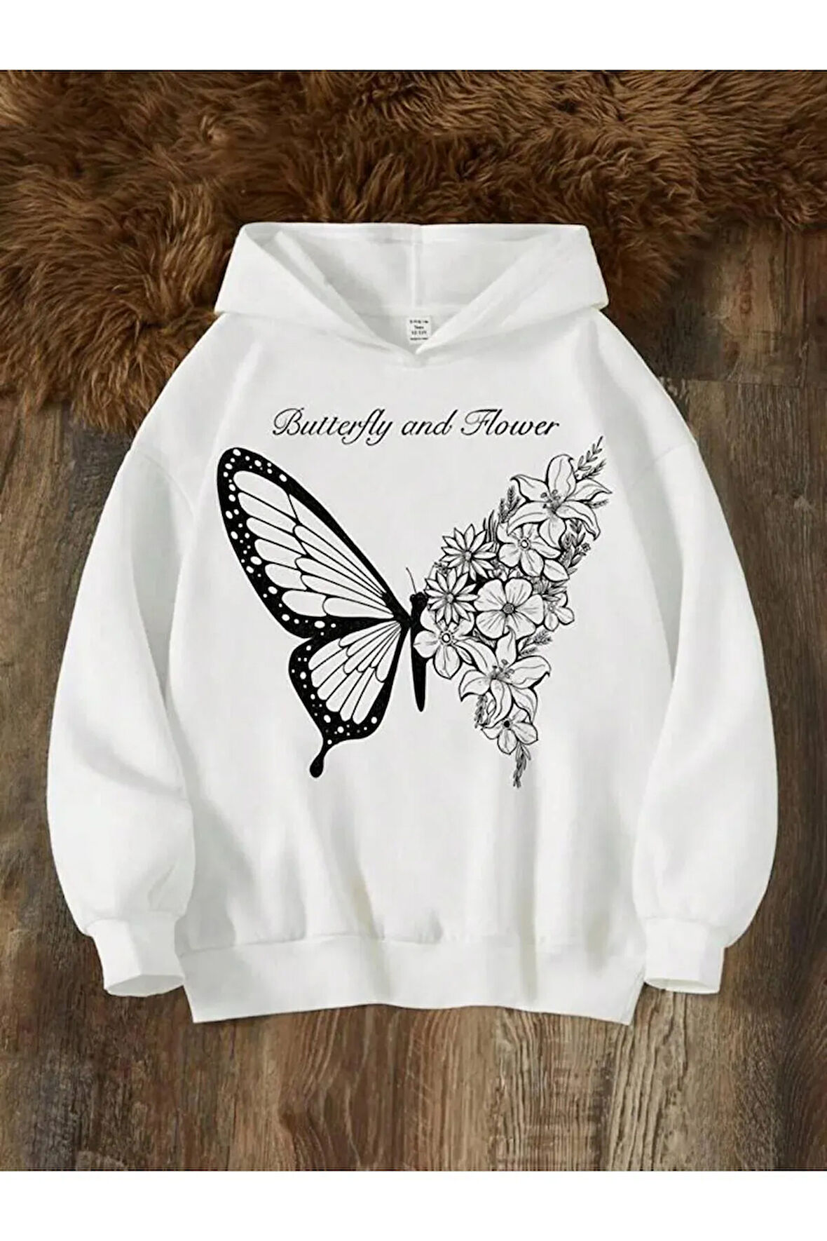 Kız Çocuk Beyaz Kelebekli Çiçekler Baskılı Sweatshirt
