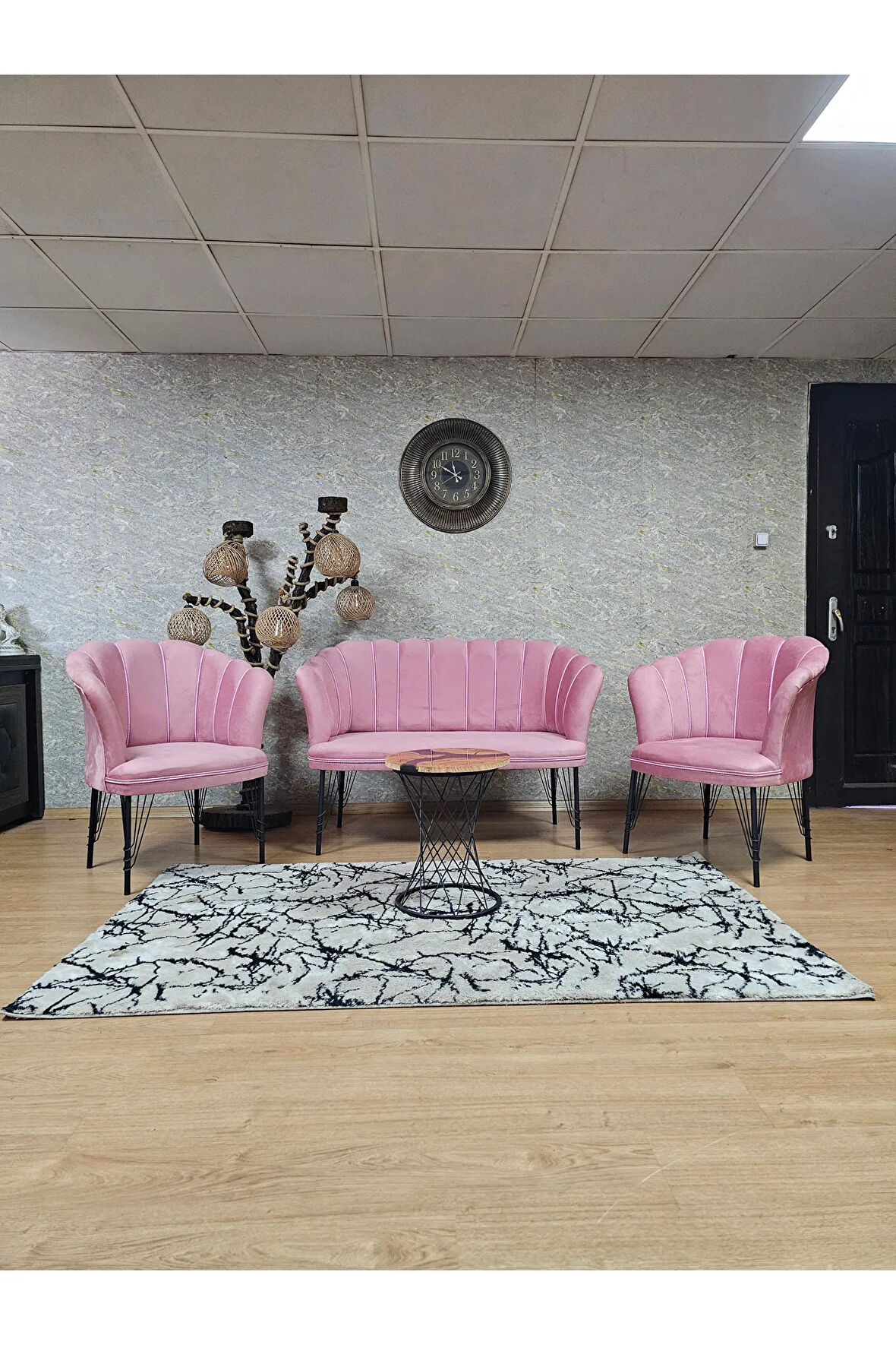 Siyah  Boyalı Tel Ayak Papatya Çay Seti Koltuk Takımı , Balkon, Salon, Ofis, Cafe Koltuk Takımı