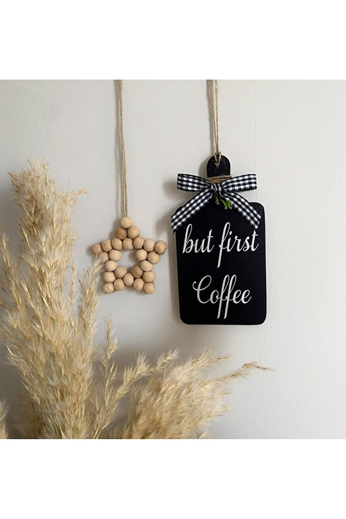 Kahve Köşesi Süsü İskandinav Tarzı Mutfak Dolap  & Ahşap Yıldız 2'li Set But First Coffee