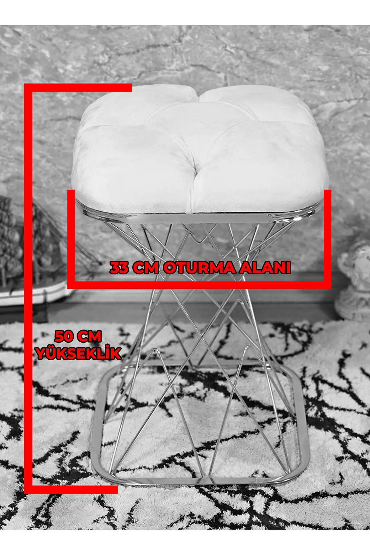 Kare Siyah Boyalı Mavi Puf & Bench Puf Oturak - Bench - Ayak Ucu Oturak - Tabure - Makyaj Oturak