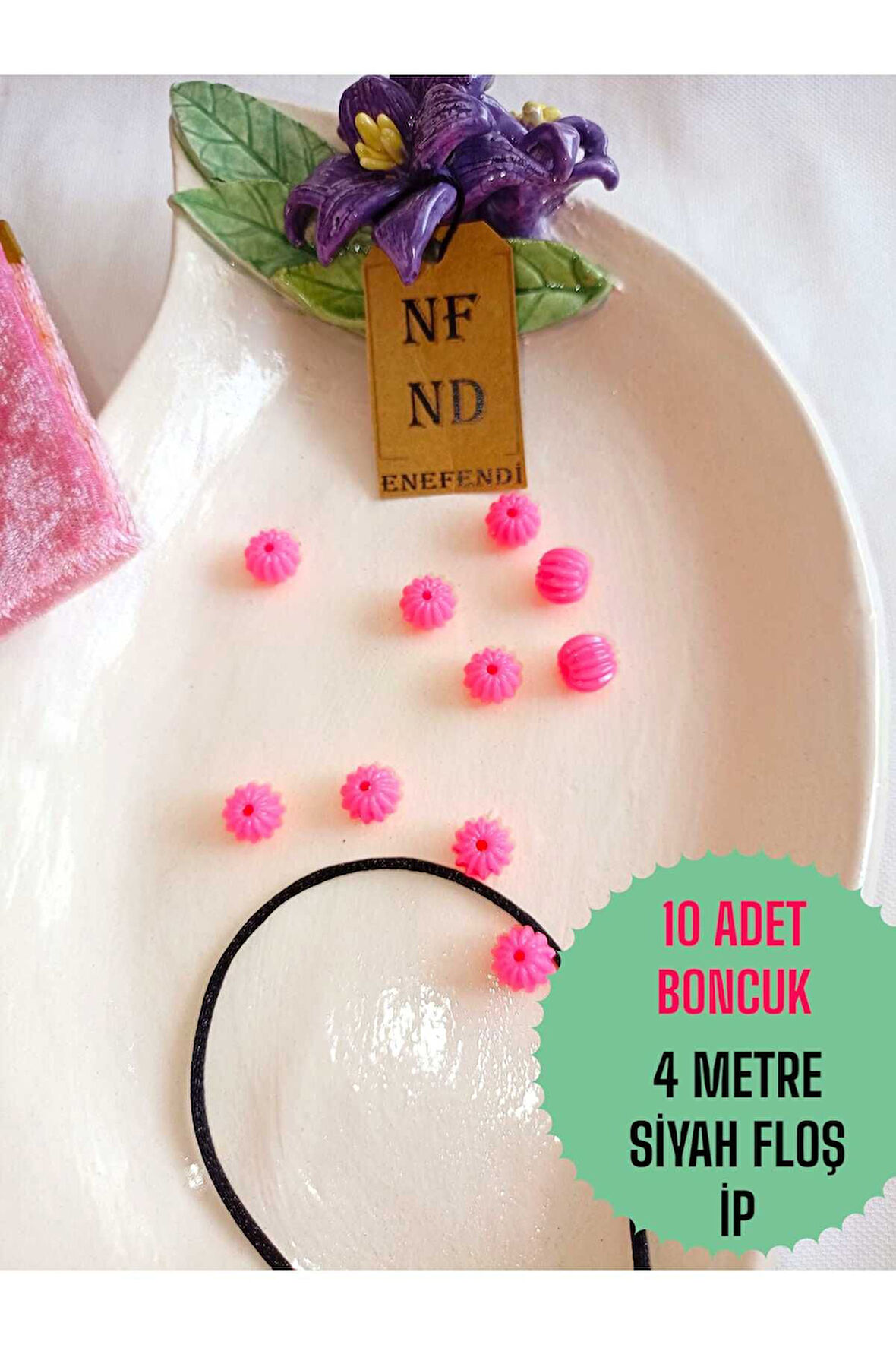 4 Metre Siyah Floş Ip Ve 10 Adet Pembe Boncuk Bileklik Aparatı Sert Plastik Hediye