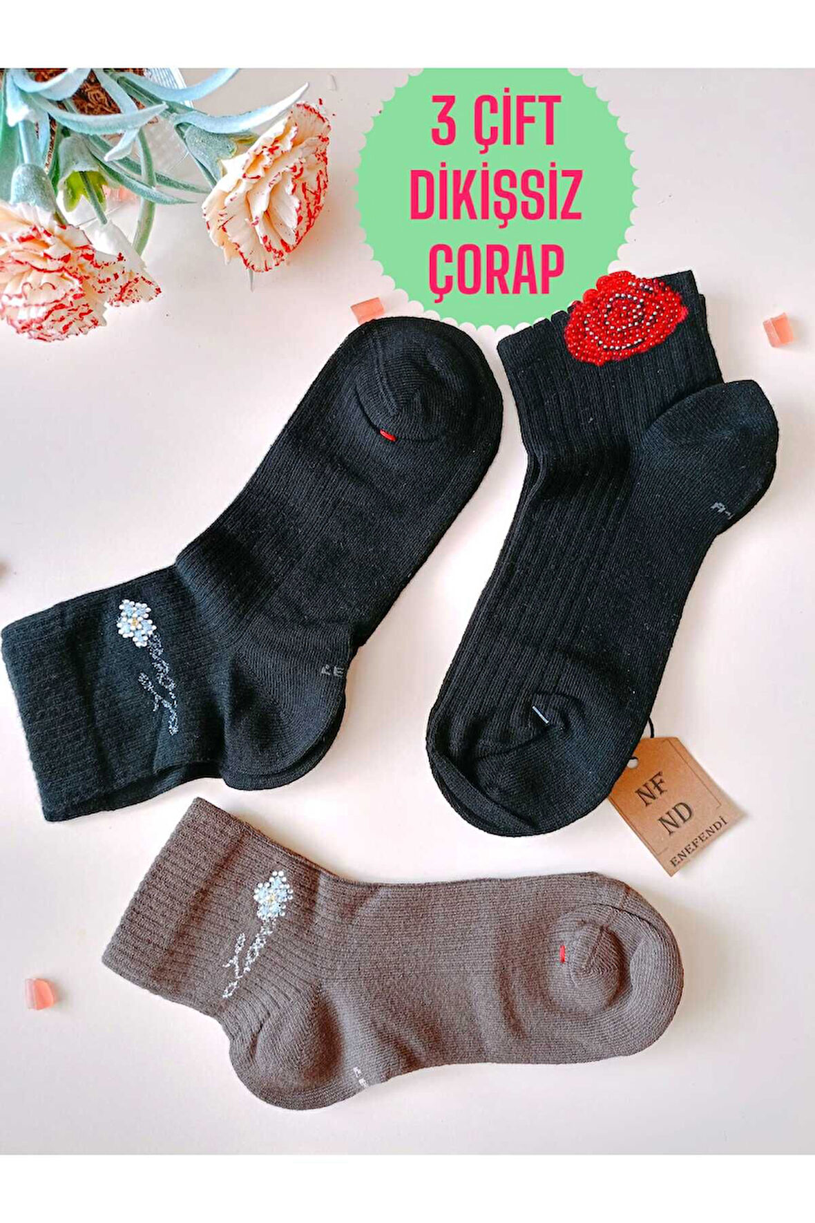 3 ÇİFT TAŞLI PAMUKLU BURUN DİKİŞSİZ LİKRALI KOKULU KISA KONÇ ÇORAP SİYAH KAHVE KADIN ÇORABI 36-40