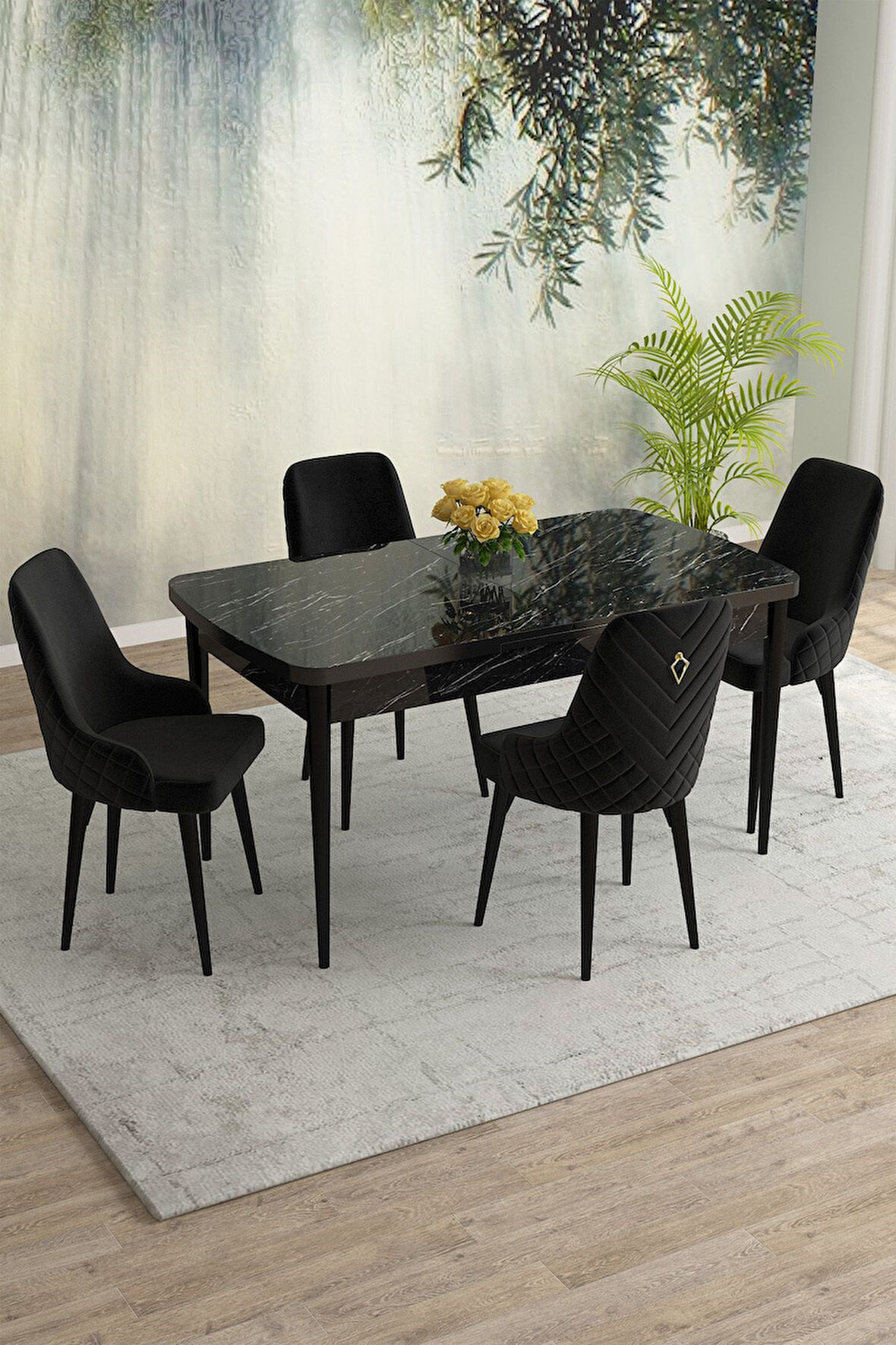 Meri Siyah Mermer 80x132 Açılabilir Mdf Masa Yemek Odası Takımı, Mutfak Takımı 4 Adet Sandalye