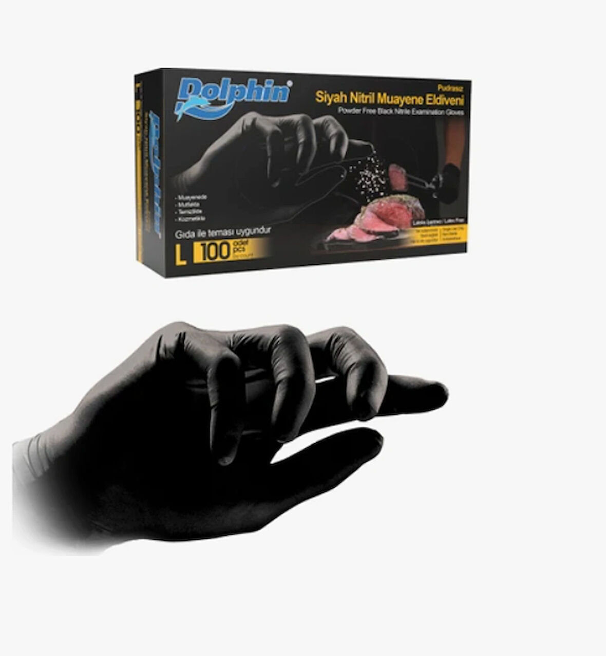 Dolphin Gıdaya Uygun Pudrasız Siyah Nitril Eldiven (100 Adet/Kutu)