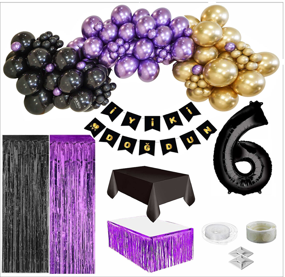 6 Yaş Siyah, Gold, Mor Balon, Siyah-Gold Doğum Günü Seti