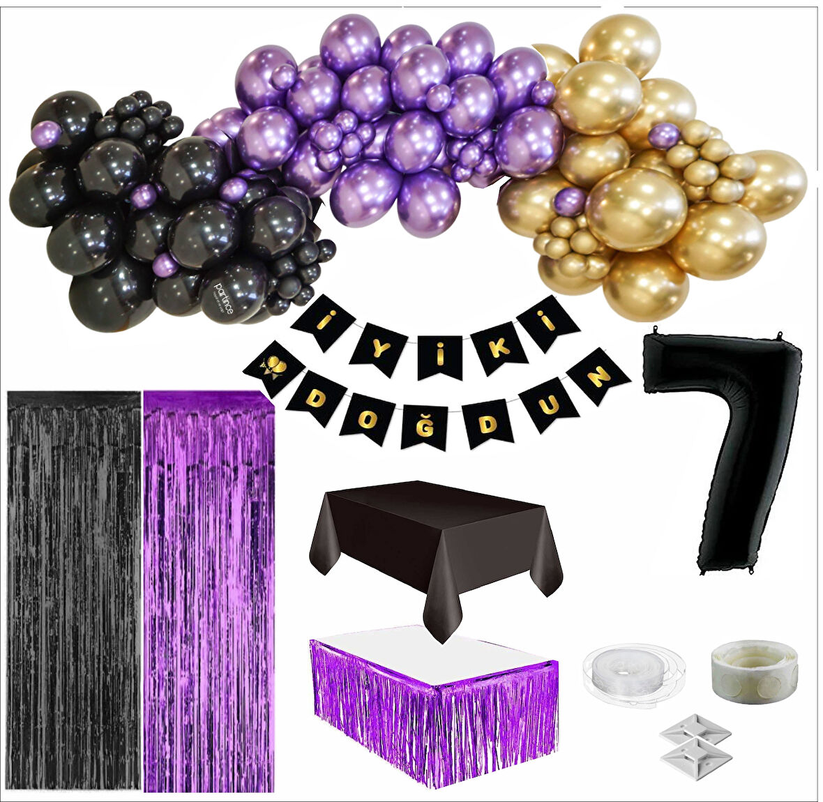 7 Yaş Siyah, Gold, Mor Balon, Siyah-Gold Doğum Günü Seti
