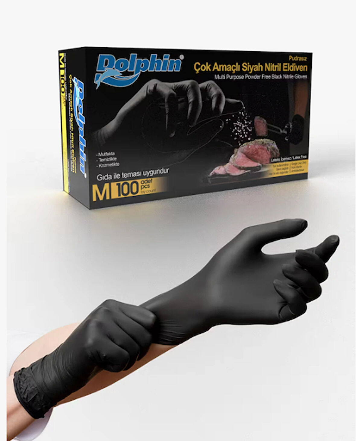 Dolphin Gıdaya Uygun Pudrasız Siyah Nitril Eldiven (100 Adet/Kutu)