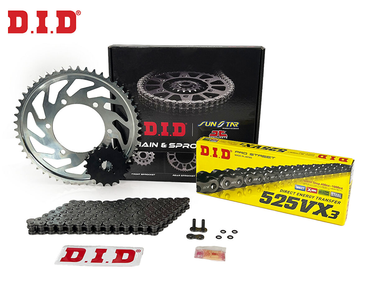 ZİNCİR DİŞLİ SETİ TRIUMPH TIGER 900 / GT / RALLY / PRO (900 cc)  (2020-2021) / TRIUMPH / TIGER 900 / GT / RALLY / PRO / 900cc / ZİNCİR: DID-525VX3 (Çelik)-124 / ÖN DİŞLİ: SUNSTAR (16T) / ARKA DİŞLİ: JT (50T) / 2020-2021