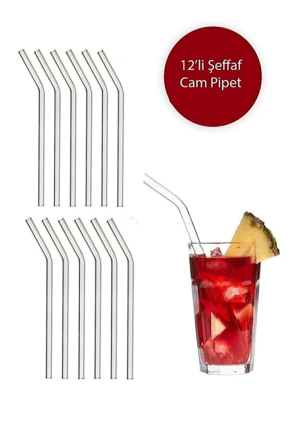 12 Adet Şeffaf Cam Eğimli Pipet - Cam Pipet 12'li