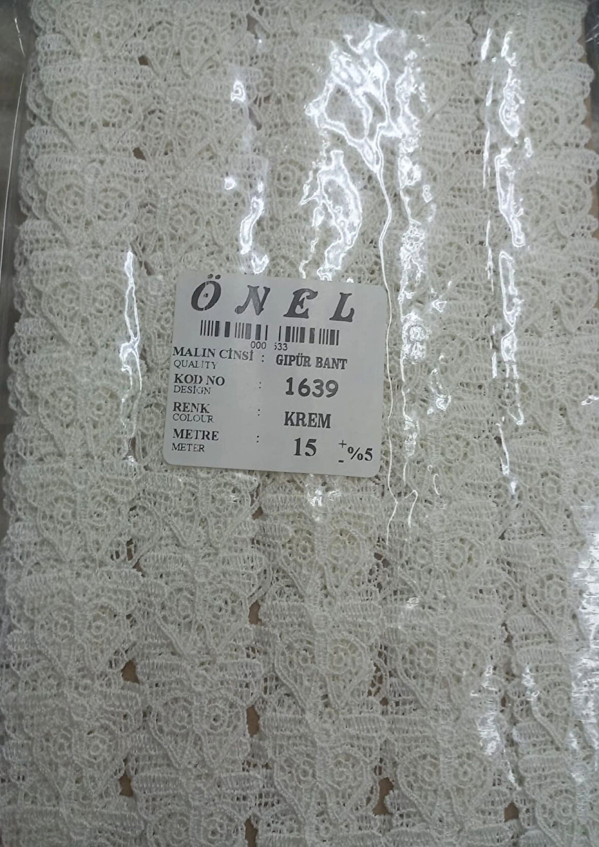 Dantel Polyester Güpür Bant Krem 15 Metre En 6 Cm On-1639-kr