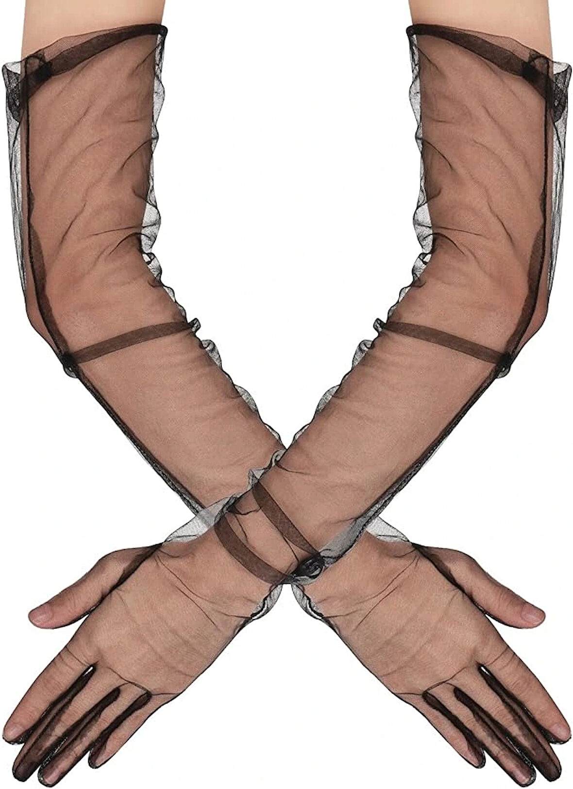 Uzun Boy Likralı Siyah Yetişkin Mega Tül Eldiven