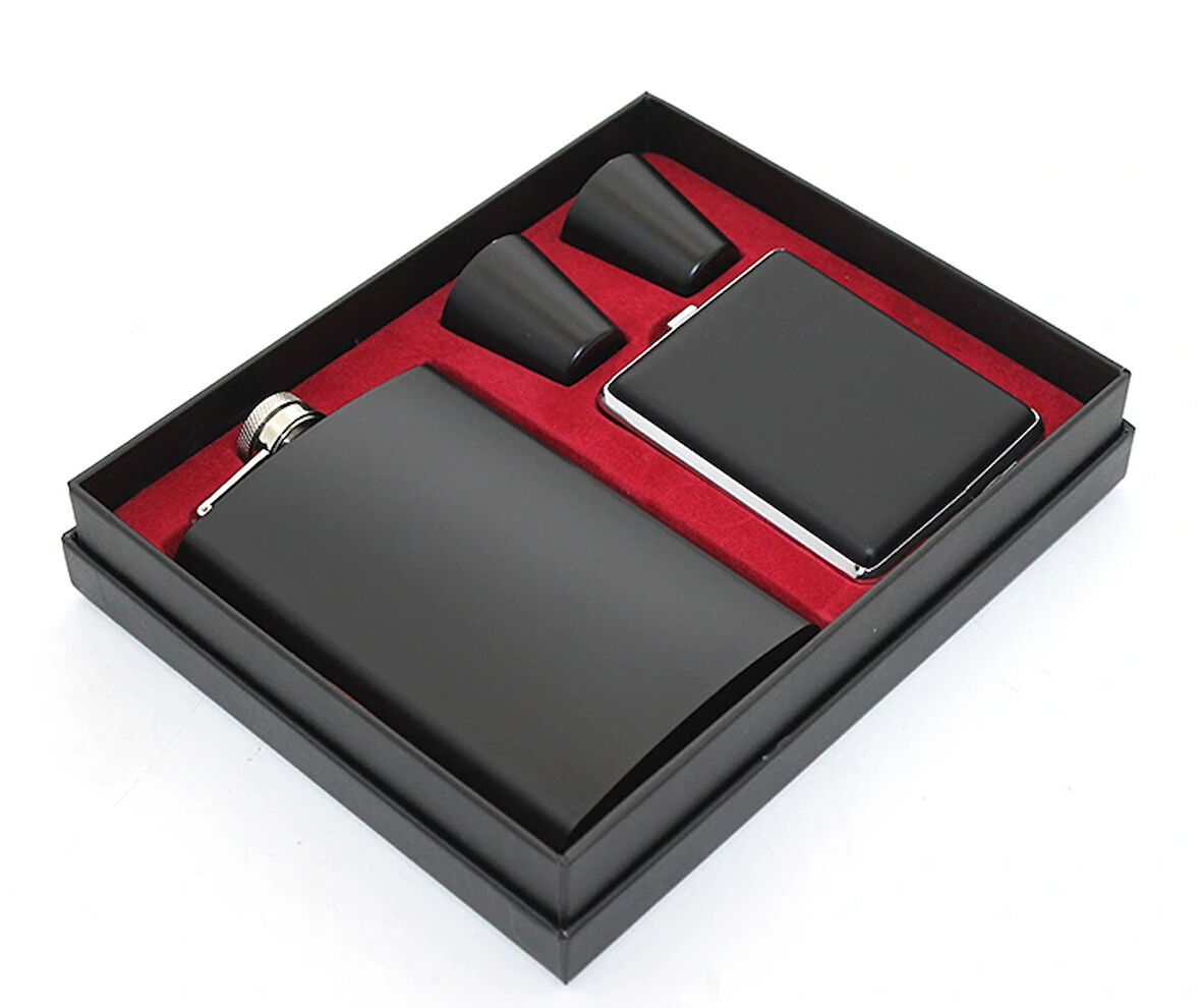 Paslanmaz Çelik 2 Shot Bardak Ve Sigara Tabakalı Matara Seti